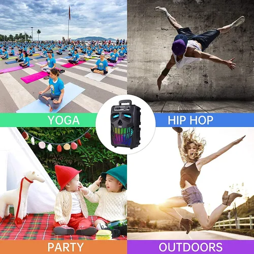 Vista 7 de Altavoz Bluetooth portátil con subwoofer, altavoces inalámbricos, gran soporte, radio FM, tarjeta TF, luces LED, reproductor de MP3, fiesta
