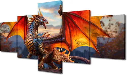 Vista 27 de Lienzo decorativo para pared de sala de estar, lienzo de dragón, 5 paneles, dragón verde, decoración de pared para el hogar, decoración de pared