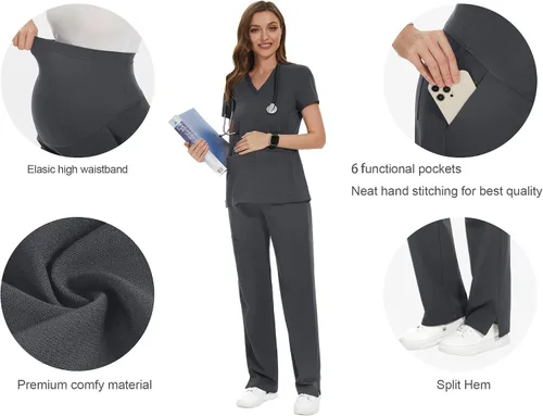 Vista 2 de POSHGLAM Pantalones médicos de maternidad para mujer, pantalones de trabajo, estilo casual, pantalones de embarazo, S-XXL