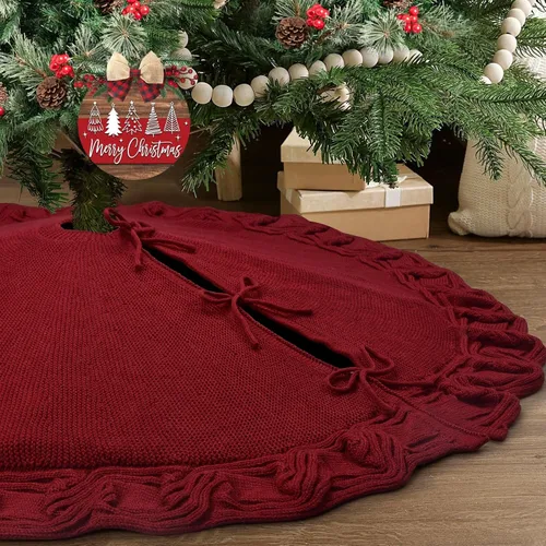 Vista 4 de yuboo Falda de árbol de Navidad roja de 48 pulgadas de punto, falda de árbol de Navidad burdeos, falda de árbol de Navidad trenzada de punto grueso
