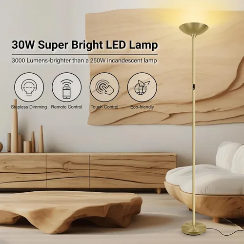 Vista 2 de Lámpara de pie regulable, dorado, 30W 3000LM LED Torchiere Control remoto y táctil, poste alto de 71 pulgadas, cielo moderno, sala de estar
