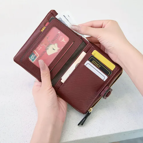 Vista 5 de Carteras pequeñas de triple pliegue para mujer, carteras Rfid para mujer, billeteras plegables de cuero para mujer, portatarjetas compactas