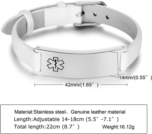 Vista 61 de MPRAINBOW Pulsera de alerta médica personalizada para mujer, correa de reloj de cuero genuino, grabado de doble cara, diabetes, epilepsia, joyería
