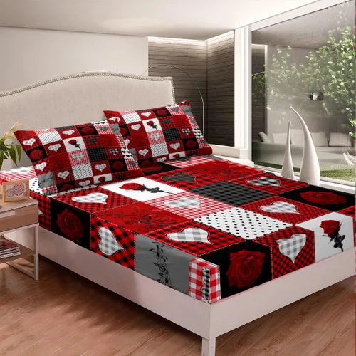 Vista 4 de Juego de sábanas femeninas de flores de rosas rojas, tamaño individual, juego de ropa de cama para el día de San Valentín, decoración de habitación