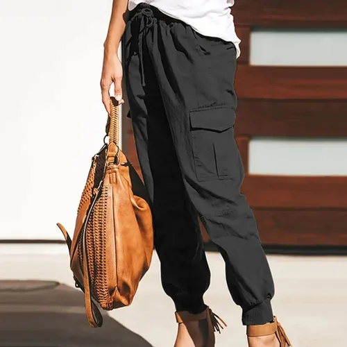 Vista 5 de SobeiKre Pantalones cargo de gran tamaño para mujer, pantalones deportivos holgados de cintura baja con cordones, pantalones de entrenamiento