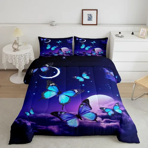 Vista 9 de Juego de ropa de cama de mariposa azul para adultos, mujeres y niñas, juego de edredón con estampado de lavanda morado, tamaño individual, diseño