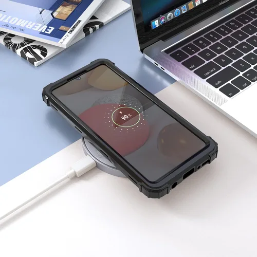 Vista 9 de IDweel Funda para Galaxy A42 5G con protector de pantalla de vidrio templado, híbrida 3 en 1, a prueba de golpes, resistente, cubierta de Negro