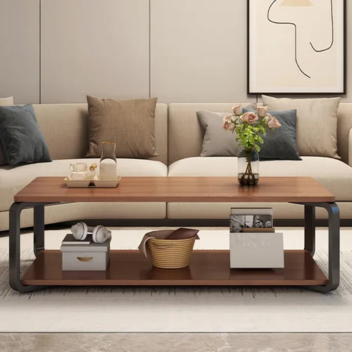 Vista 7 de YVYKFZD Mesa auxiliar de madera, mesa central de 2 niveles con patas de metal, mesa de té rectangular para sala de estar, mesa auxiliar de cóctel