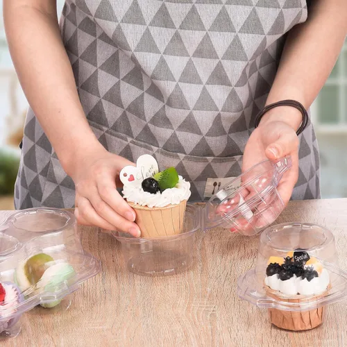 Vista 5 de Maxdot 150 recipientes transparentes individuales y 2 recipientes de plástico para cupcakes con tapa hermética conectada, soportes apilables