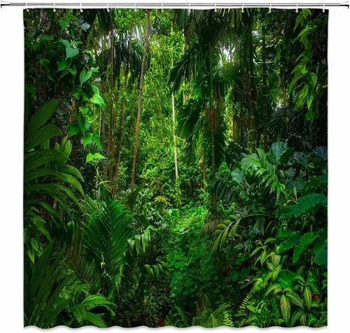 Vista 3 de Cortina de ducha de selva tropical, plantas de selva, hojas verdes, bosque, naturaleza, paisaje, cortina de decoración de baño con ganchos
