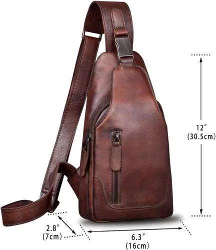 Vista 5 de IVTG Bolso bandolera de cuero genuino para hombres y mujeres, bolso cruzado de hombro en el pecho, mochila de senderismo, mochila vintage hecha a
