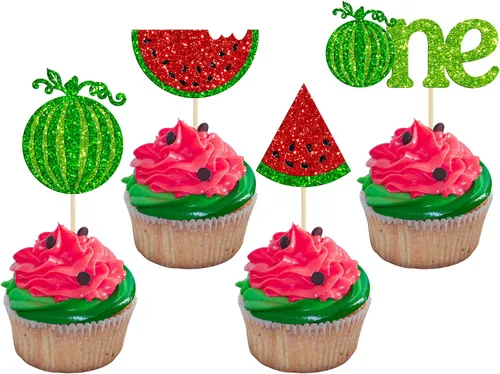 Vista 10 de 24 piezas de decoración de cupcakes con purpurina de fresa Oh Baby con temática de frutas, baby shower, para revelación de género, baby shower
