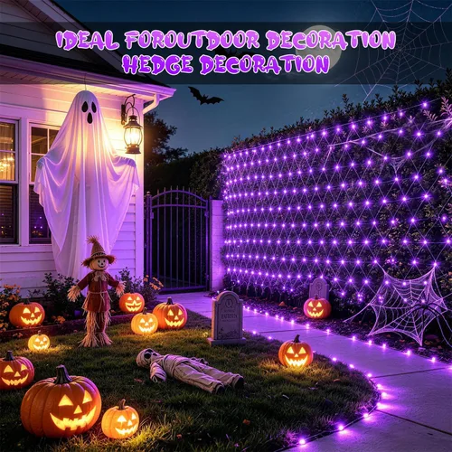 Vista 4 de JMEXSUSS 200 luces LED de red moradas para Halloween, 9.8 pies x 6.6 pies Púrpura