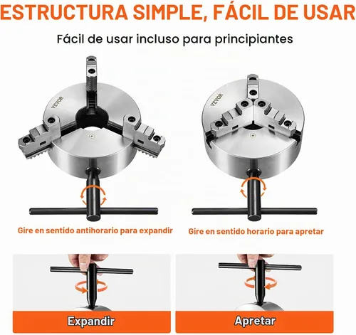 Vista 5 de VEVOR - Portabrocas para torno de 3 mandíbulas, 20,32 cm, Portabrocas autocentrante para torno, Rango de sujeción de 0,16-8 pulg/4-200 mm
