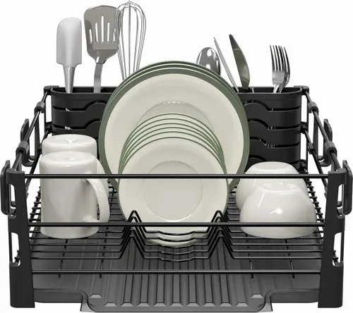Vista 2 de SIMPLE HOUSEWARE Escurridor de platos con escurridor, soporte para utensilios y ganchos para tazas, organizador de mostrador de cocina de metal negro
