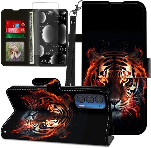 Vista 160 de Funda para Motorola Edge 2022 con protector de pantalla, soporte y tarjetero y correa para la muñeca, funda magnética para Moto Edge 2022 5G UW Lobo