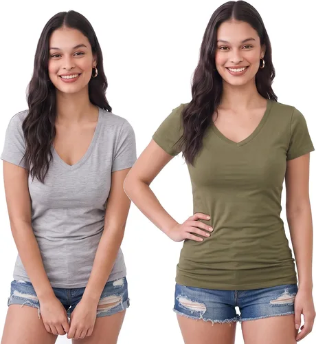 Vista 151 de Emmalise Camiseta de manga corta para mujer, cuello en V, tallas junior y plus