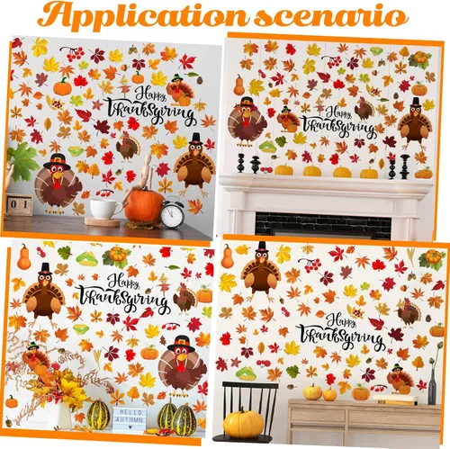Vista 6 de Eersida 142 calcomanías de pared de Acción de Gracias, pavo, calcomanías de pared de hojas de otoño, calcomanías de pavo y hojas de arce, decoración