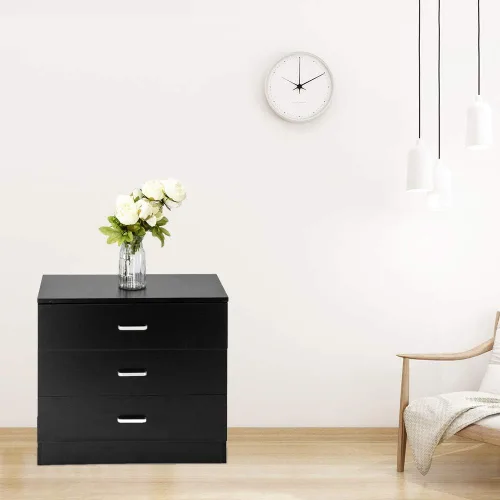 Vista 9 de corp Cómoda de madera simple de 3 cajones de almacenamiento, cómoda de madera, mesita de noche para dormitorio, sala de estar (negro)