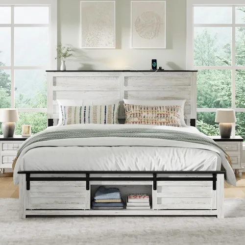 Vista 9 de Base de cama tamaño matrimonial con cabecero de madera, estructura de cama de plataforma de madera con estribo de puerta corrediza de granero