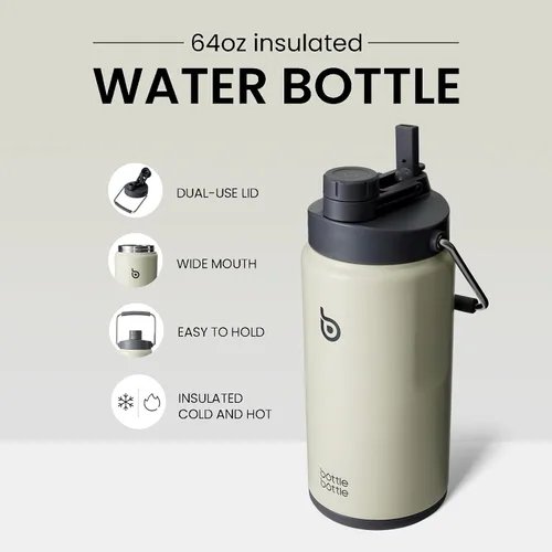 Vista 2 de BOTTLE BOTTLE Botella de agua aislada de 64 onzas con popote y tapa de doble uso, jarra de agua de medio galón, acero inoxidable al vacío para Gris