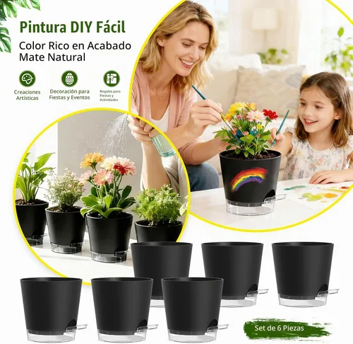 Vista 6 de Macetas de riego automático de 7 pulgadas, paquete de 6 macetas de plástico con agujeros de drenaje y platillos transparentes, macetas de plástico