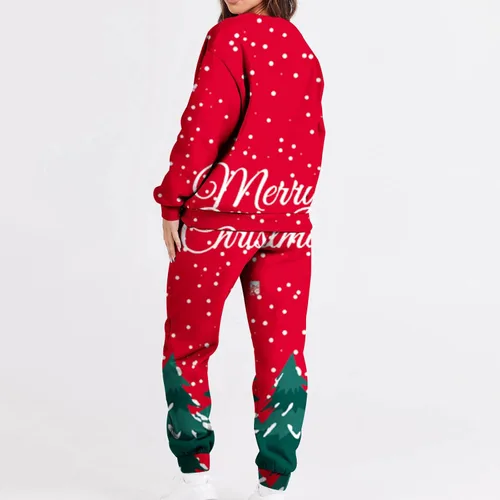 Vista 3 de Trajes navideños dos piezas para mujer, camisa estampada de Navidad, manga larga, pantalones con cordón, chándal para correr