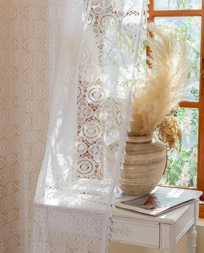 Vista 35 de YJ YANJUN - Cortinas de café boho, 24 pulgadas de largo, 2 paneles, cada una de 59" de ancho x 24" de largo, beige, con crochet, cortinas de cocina