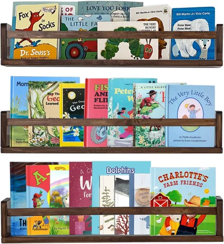 Vista 17 de AZSKY Estantes clásicos para libros de guardería, estantes flotantes de madera negra, estantería de pared para decoración de baño, cocina, especias