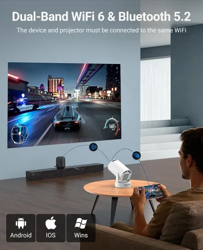 Vista 2 de Mini proyector con WiFi y Bluetooth, proyector 4K 1080P, corrección trapezoidal automática 210 ANSI, proyector portátil giratorio de 210°, proyector