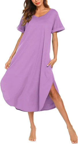 Vista 26 de AVIIER - Camisones de algodón para mujer, ropa de dormir suave con bolsillos, tallas S a XXL Negro Floewer 4