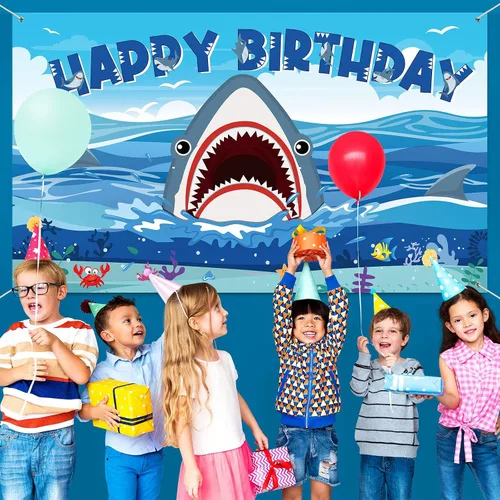 Vista 4 de Tatuo Cartel de fondo de cumpleaños de tiburón, decoraciones de cumpleaños de tiburón, fondo de fotografía de zona para niños y niñas, suministros