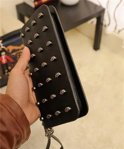 Vista 3 de Cartera de cuero gótica unisex con tarjetero punk, Billetera Y2k Billeteras de gran capacidad con cremallera, Vintage
