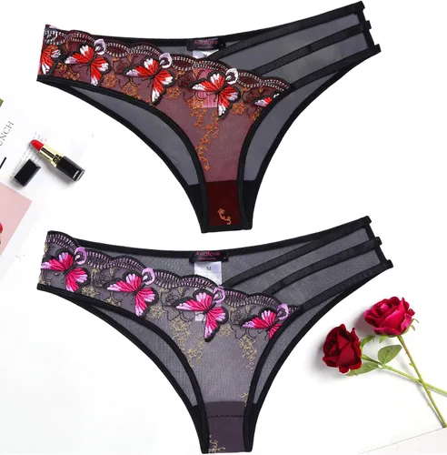 Vista 2 de Avidlove Bragas sexy para mujer, paquete de bragas de malla bordadas con mariposa