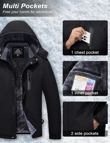 Vista 5 de MAGCOMSEN - Abrigos de invierno para hombre, impermeables, con forro polar, parka, con capucha, para esquiar, senderismo, trabajo Negro
