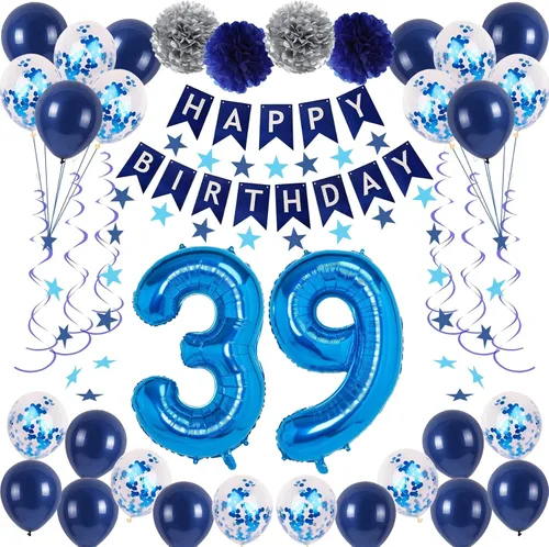 Vista 18 de Decoraciones de fiesta de cumpleaños azul número 29 para hombres y mujeres, suministros de globos de feliz cumpleaños 29 con pancarta de feliz