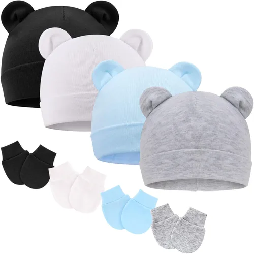 Vista 20 de Conjunto de gorro y mitones para recién nacidos con orejas de oso, gorro para bebé, gorro de hospital para bebé niño o niña, de 0 a 3 meses 4