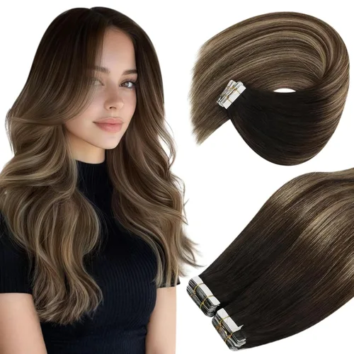 Vista 22 de Ve Sunny Extensiones de cabello humano real con cinta, cabello humano Remy, lacio, doble cara, color marrón oscuro, balayage, rubio dorado oscuro