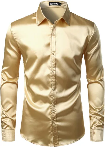 Vista 3 de ZEROYAA Camisas de vestir con botones de satén de seda brillante de lujo para hombre