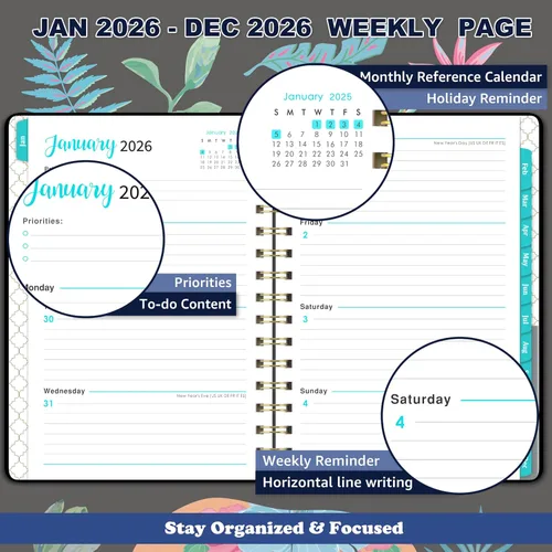Vista 3 de Agenda 2025 – Agenda semanal y mensual 2025 con pestañas mensuales, enero 2025 a diciembre 2025, 6.3 x 8.4 pulgadas, tapa dura flexible con papel