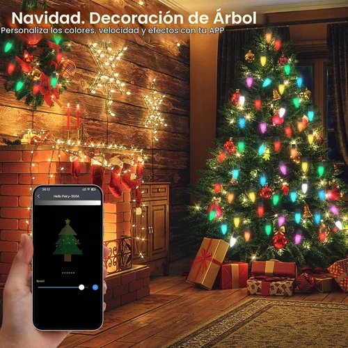 Vista 5 de Gemce Luces inteligentes C9 de Navidad para exteriores, 33 pies, 50 luces LED RGB, aplicación/control remoto, modos de bricolaje y sincronización