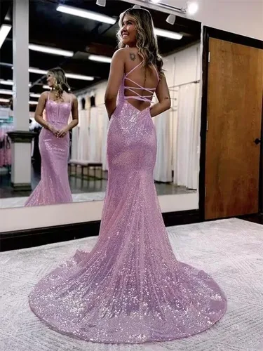 Vista 6 de TIRAS Vestidos de fiesta de lentejuelas para mujer, vestido formal largo con purpurina de sirena, vestido formal con espalda abierta, vestidos