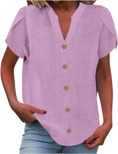 Vista 26 de Camisetas de verano para mujer, de manga corta, pétalos, de lino, con bolsillo, casual, con botones, blusas básicas