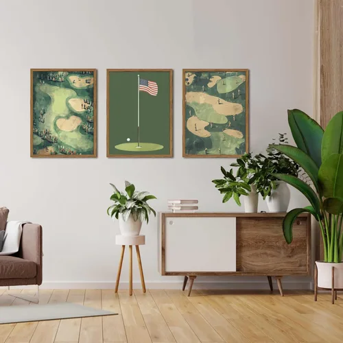 Vista 5 de Juego de 3 arte de pared vintage de golf, pinturas deportivas de mediados de siglo, arte de paisaje de campo de golf verde retro, cuadro de arte