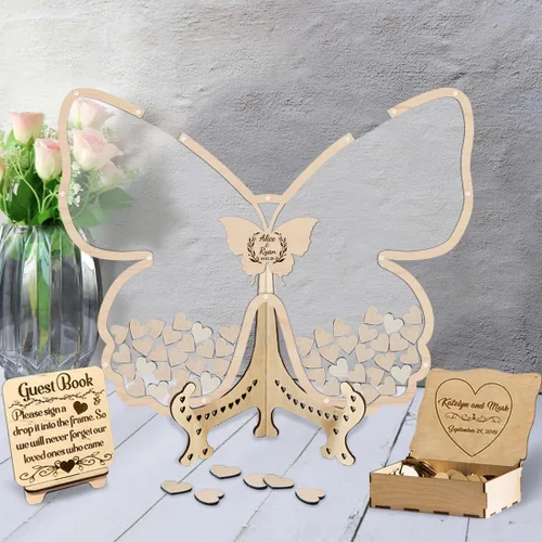 Vista 12 de Libro de invitados de boda de mariposa personalizado con corazones de madera, borde de madera personalizado, ideas alternativas, libro de invitados