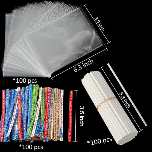 Vista 2 de Kit para hacer pasteles de 6 pulgadas, 100 palitos para tartas, 100 bolsas para tartas y 100 lazos multicolores, 300 paquetes de herramientas