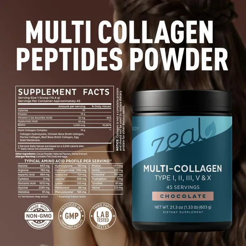 Vista 2 de Zeal Naturals Péptidos de proteína de colágeno múltiple en polvo tipo I II III V X - Vitamina C, biotina y ácido hialurónico - cabello, piel y uñas
