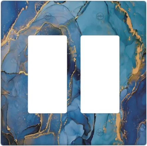 Vista 2 de Placa de pared doble basculante de mármol azul, cubierta decorativa de interruptor de luz de 2 cuadras, moderna acuarela degradada, arte de tinta