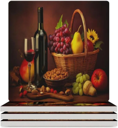 Vista 48 de 4 posavasos de vino tinto, cuadrados y modernos posavasos absorbentes de cerámica, estilo de pintura al óleo, vintage, vino tinto, uvas, rosa