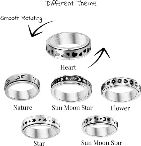 Vista 5 de VANJILL Anillos para ansiedad de acero inoxidable para hombres, anillos para ansiedad para mujeres, juego de anillos giratorios frescos, paquete